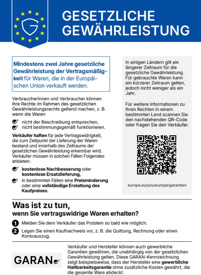 EU-Gewährleistungslabel: gesetzliche Mängelhaftung